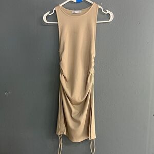 ZARA Tan High Neck Sleeveless Gathered Mini Bodycon Vacation Beach Dress Small #